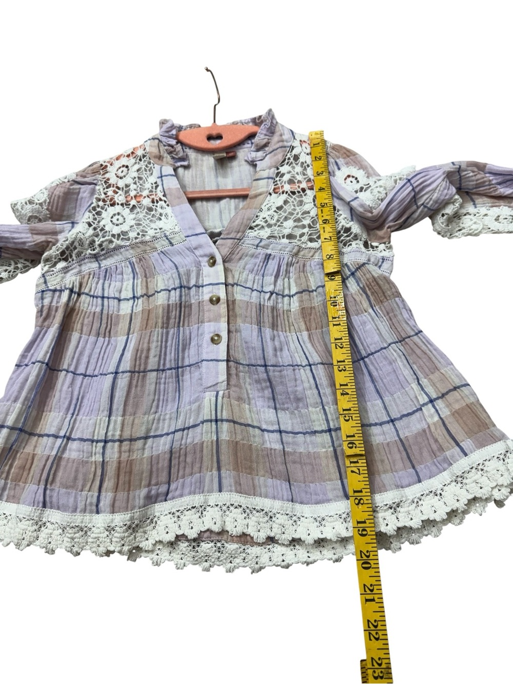 Light Purple Plaid Crochet Trim Button-Up Top - Picture 8 of 14